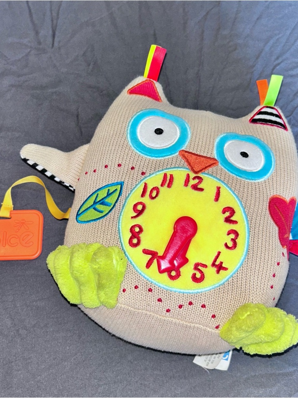 Plush Owl Learning Clock Toy - Beige with Yellow and Blue